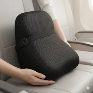 Compact and lightweight travel lumbar pillow that provides comfort and lower back pain relief on long flights.