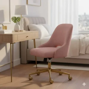 Luxurious velvet pink bedroom desk chair with gold accents, a comfortable and chic accent for the bedroom.