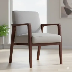 Close-up of a sturdy wood-frame office guest chair with padded seating and armrests. 