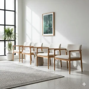 Durable wooden-frame reception chairs with clean lines, perfect for a minimalist lobby. 