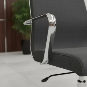 Detail shot of the ergonomic curved armrests and polished chrome base of an elegant guest reception chair. 
