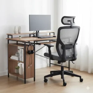 Back view of a comfortable office chair and desk setup, showing the desk's structure and shelving.