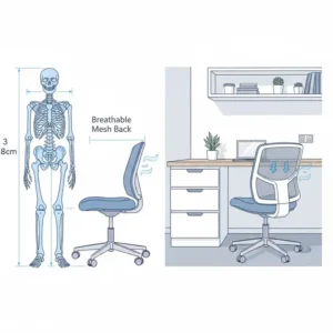 Outline of a kitchen desk chair with a breathable mesh back, ideal for cooling comfort during long hours of work from home.