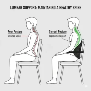 Simple anatomical diagram illustrating the natural curve of the spine and how a lumbar pillow maintains proper posture.