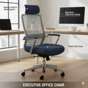 A plush, high-back executive fabric office chair suitable for a manager's desk, offering superior neck and head support.