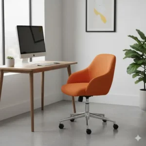 Contemporary home office setup featuring a vibrant orange swivel chair and a wooden desk from the colorful desk chairs line.