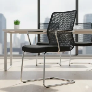 Breathable mesh-back visitor chair providing cool comfort, an excellent example of minimalist modern office guest chairs.