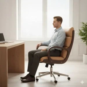 A mid-century modern style **office chair** featuring a walnut **wood** frame and light tan **leather** seating.