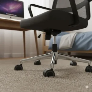 Rolling bedroom desk chair with smooth casters designed for easy movement on carpeted floors.