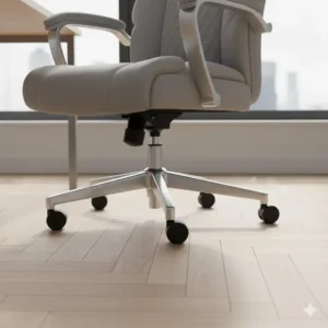 Durable, smooth-rolling casters on the base of a professional upholstered office chair, suitable for carpet or hard floors.