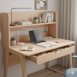 Diagram illustrating the dimensions and features of a compact student desk and chair set for small spaces.