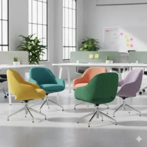 A collection of bright, colorful fabric modern swivel chairs suitable for creative workspaces or collaborative environments.