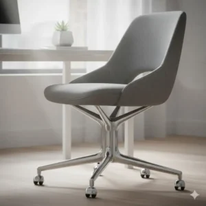 Detail shot of the distinctive metal base and sleek lines of a unique decorative office chairs.