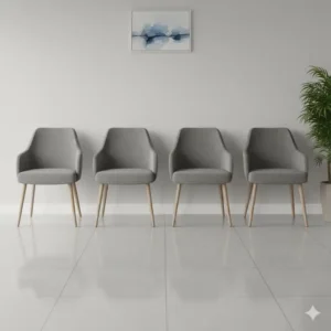 A practical set of four stylish grey reception chairs lined up neatly against a wall in a corporate waiting area. 
