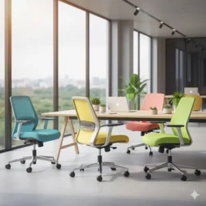 Affordable red chair with wheels and simple height adjustment, an ideal choice among colorful desk chairs for budget offices.