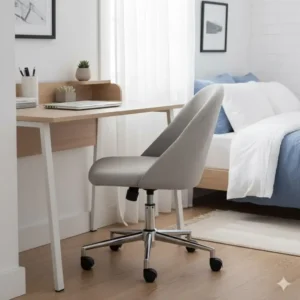 Armless bedroom desk chair that slides completely under the desk to save space when not in use.