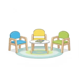 Colorful, scaled-down children's seating arranged in a pediatric section of the medical office waiting room chairs.