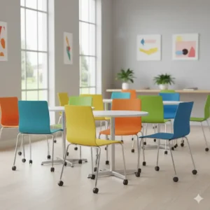 Assortment of colorful student chairs adding a vibrant and inviting atmosphere to a modern school or university space. 