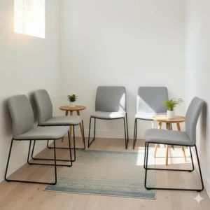Space-saving, compact waiting room chairs designed for maximum seating in a small reception area or entryway.