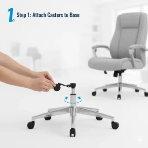 A simple illustration showing step one of the easy assembly process for a new upholstered office chair.