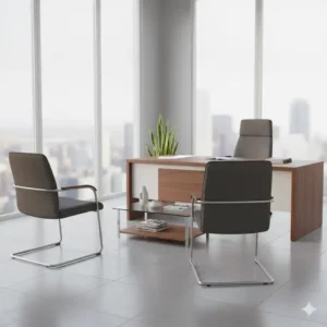 Elegant executive office guest chairs seating arrangement with two high-end fabric chairs facing a desk.