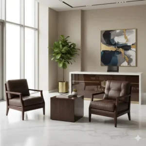 High-end executive reception room furniture set, including leather armchairs and premium side tables.