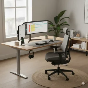 Large L-shaped corner office desk with chair, providing a spacious work area for multiple monitors.