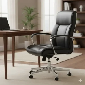 Elegant black leather desk chair providing a sophisticated home office solution within a shared living room desk chair.
