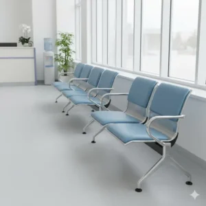 Robust metal-frame hospital lobby chairs designed for easy cleaning and high-traffic areas.