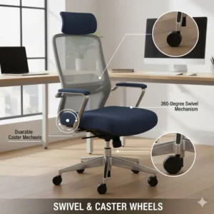 Underside view showing the durable caster wheels and smooth swivel mechanism of a professional fabric office chair.