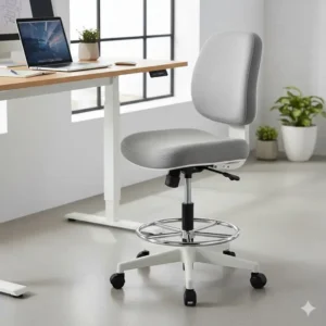 A tall, modern drafting swivel chair with a foot ring and extra padding, ideal for standing desks or high counters.