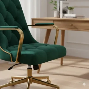 Detail shot of a luxurious, tufted velvet unique desk chairs with gold accents, emphasizing texture and material.