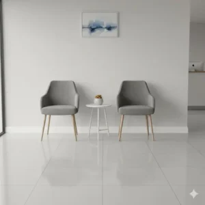 A photo showing two compact reception chairs perfectly placed in a small business office waiting room, maximizing space. 