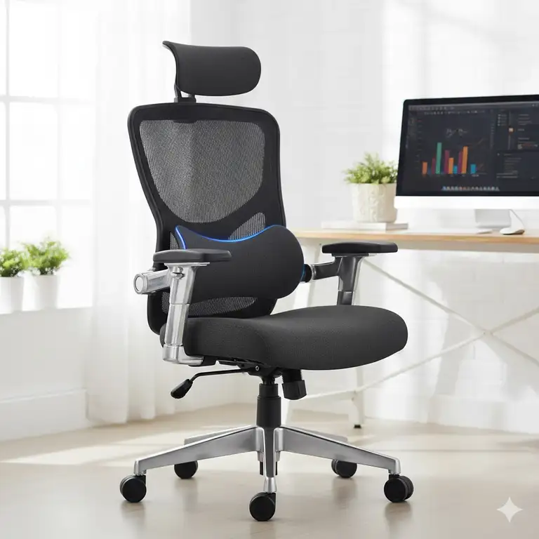 Ergonomic back support chair for office use, featuring adjustable lumbar support and headrest for improved posture and comfort.