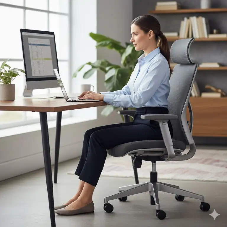 A professional sitting comfortably in the best chair for lower back and hip pain, demonstrating proper ergonomic support and posture.