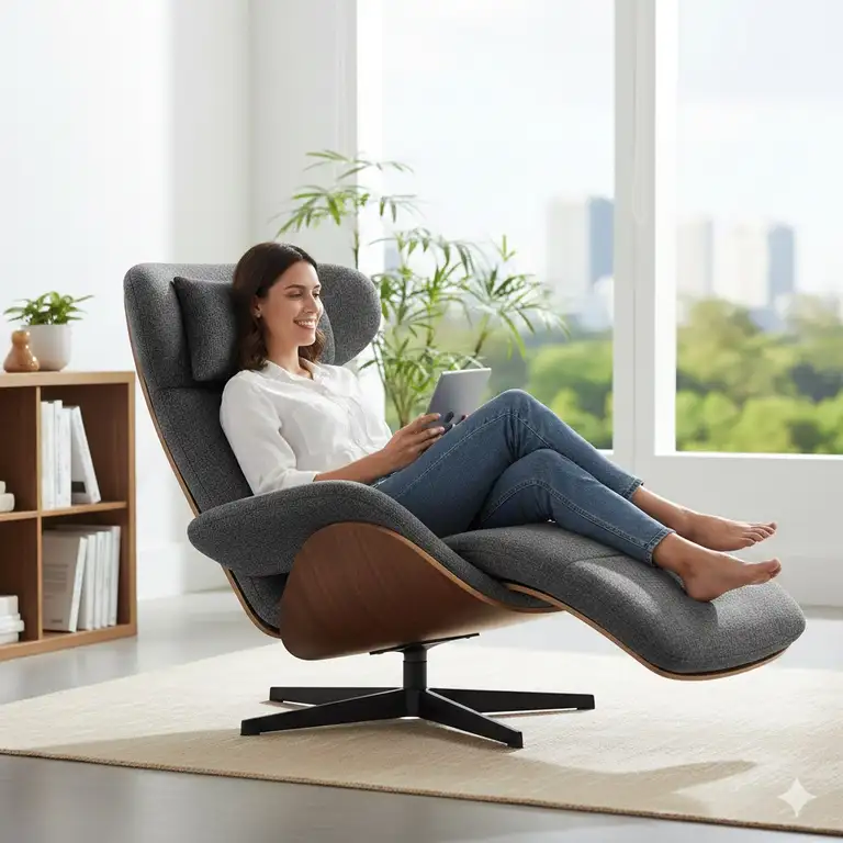 A comfortable and modern ergonomic lounge chair with high-density padding, designed for optimal back and neck support in a home office or living room setting.