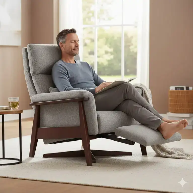 A comfortable and modern best living room chair for back pain sufferers in a sunny room.