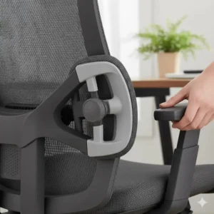 Close-up of the adjustable lumbar support on an ergonomic office chair, designed to relieve lower back pain.