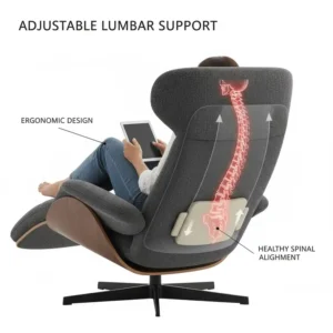 Close-up diagram illustrating the adjustable lumbar support mechanism in the ergonomic lounge chair to promote healthy spinal alignment.