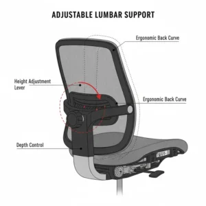 Close-up diagram showing the adjustable lumbar support feature on the back of an ergonomic posture chair.