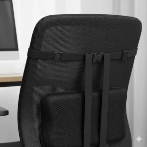 Detail showing the adjustable straps and buckle system used to securely fit the desk chair back support cushion to various chair heights.