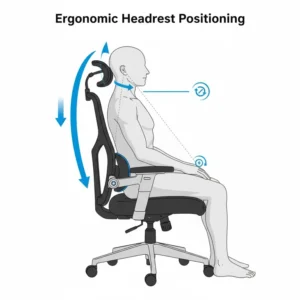 Diagram showing the optimal positioning of an ergonomic back support chair headrest for neck alignment.