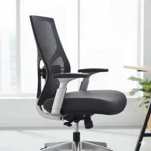Side view of a high-quality office chair with a deep, contoured seat cushion to reduce hip pain from sitting.