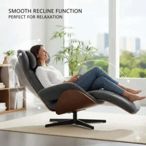 Side view showing a person fully utilizing the smooth recline function of the ergonomic lounge chair, perfect for relaxation or napping.