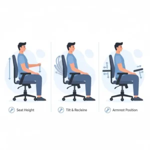 Diagram showing a person properly adjusting the height, tilt, and armrests of a best office chair for back pain for optimal posture.