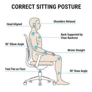 An illustration demonstrating the ideal, correct sitting posture achieved while using a proper posture chair, highlighting the 90-degree angles.