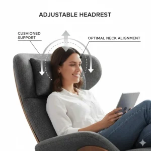 Detail of the cushioned, adjustable headrest providing excellent neck support on the luxurious ergonomic lounge chair.
