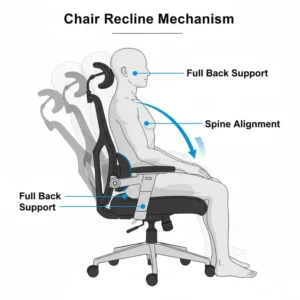 Schematic drawing of a back support chair's recline function, demonstrating how it maintains full support at various angles.