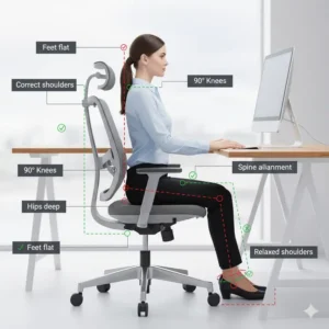 Diagram showing correct sitting posture in a recommended chair, highlighting the alignment needed for a healthy back and hips.