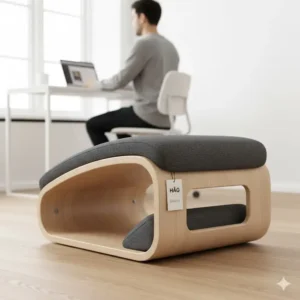 A wooden kneeling posture chair with pads for knees and shins, offering an alternative ergonomic seating position.